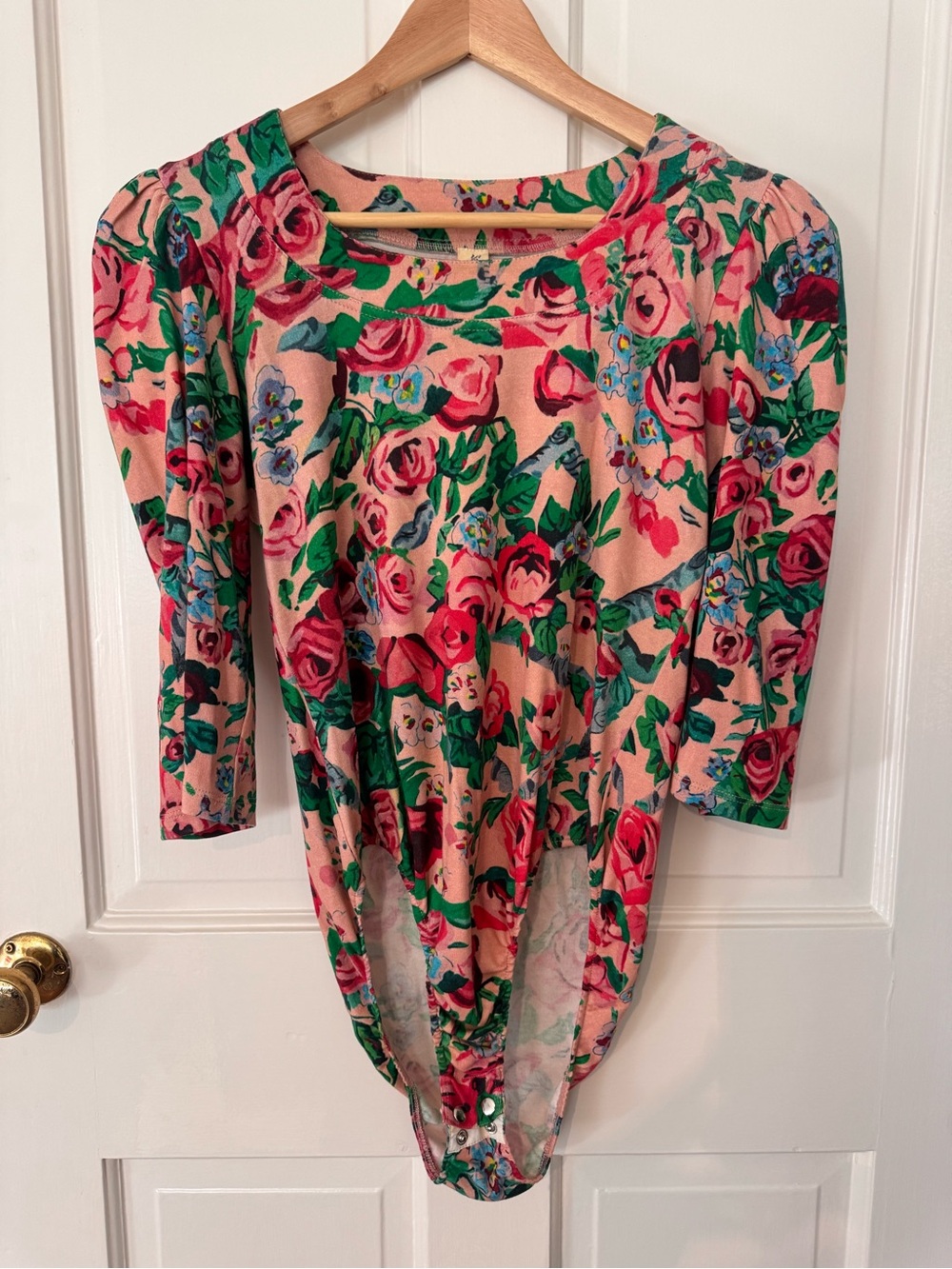 Samantha Pleet Pink Floral Scoop-Neck Bodysuit with Green Leaves
